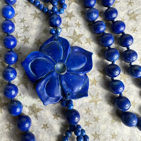 NEW Long Lapis Necklace with a Carved Flower Accent - Picture 4 of 7